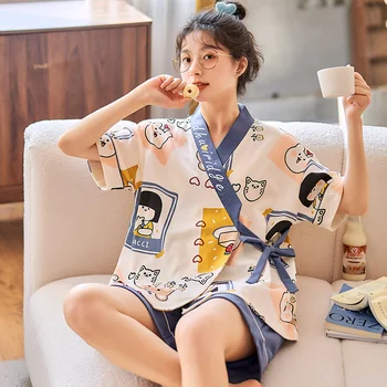 Jaapani Kimono Pidžaama Naiste Koo Puuvill Lühikese varrukaga, kanna V-Kaeluse Sleepwear Suvel Vabaaja Lahti Kaks tükki Homewear Riided  5