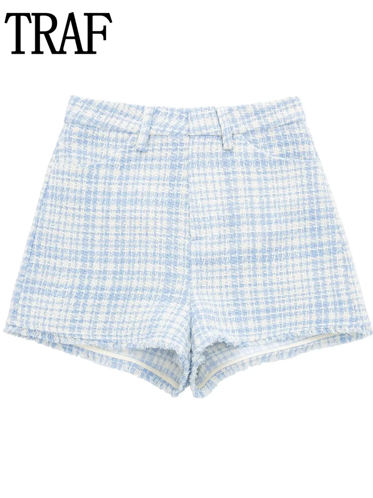 TRAF: lühikesed Sinised Püksid Naiste Kõrge Vöökoht Ruuduline Komplekti Püksid Ja Kärbitud Blazer korea Streetwear Sügisel Tekstuuriga lühikesed Püksid Naine