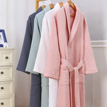 2 Kiht Vahvel Hotel Rüü Mehed 100%Puuvillane Kimono Hommikumantel Rätik Vann Rüü Veeimavus Riideid Naiste Pikk Kaste Kleit Sleepwear  2