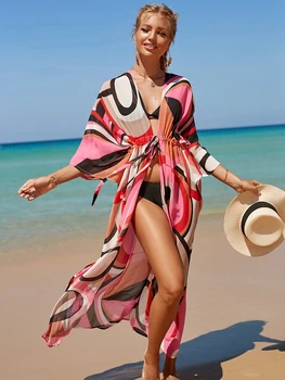 Cover-Up Print Sifonki Beach Kimono seal kaftan Boho Kleit Beachwear Tuunika Rannas Ees Avatud Vöö Beach Riided Ujumistrikoo varjata  5