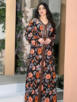Elegantne Moslemi Abaya Naiste Kleit India Türgi Abayas Eid Mubarak Pikad Varrukad Prindi Maroko Seal Kaftan Kauhtana Lady Musulman Vestidos  5