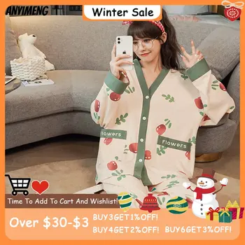 Sügisel Naine Puuvill Sleepwear Kimono Jakk Pijamas Set Naiste Mood Tulbi Trükkimine, V-kaeluse Tüdrukute Pidžaamad Elegantne Pesu  2