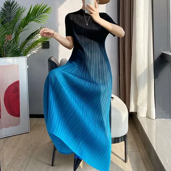 LANMREM 2023 Suvel Uus Plisseeritud Pikk Kleit Naistele Slim Printida Otse Kleidi Õmblemine Värv Daamid Elegantne Riietus 2D3995  5