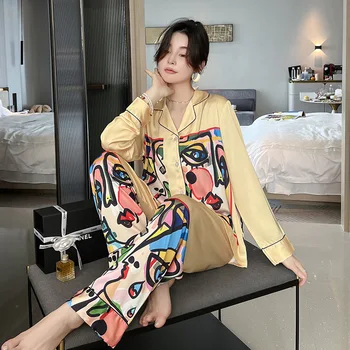 2022 Kõrge Kvaliteediga Naiste Pidžaama Komplekt Abstraktne Kunst Sleepwear Silk Nagu Homewear V Kaela Nightwear Nightgowns пижама женска  3