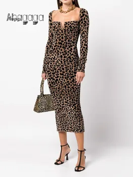 AHAgaga 2022 Sügisel Seksikas Leopard Midi Kleidid Naiste V-Kaelus Lõhiku Bodycon Pikad Varrukad Naiste Riideid Moe Pool Kleit Vestidos  5