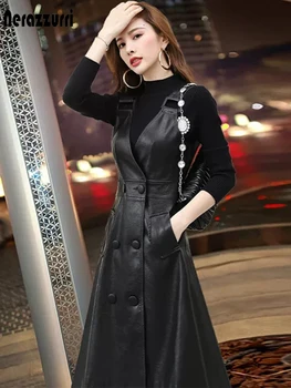 Nerazzurri Suvel pikk must pu-nahast naiste kleit rihm midi faux nahast kleidid naistele 2021 Naiste Elegantne korea fashion  1