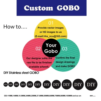 Custom roostevabast terasest GOBO, tumenevad mask, vari graafika kohandamine, toetada 11mm-100mm valik multi-suurus kohandamine.  10