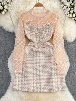 Vintage Väikesed Lõhnavad Tweed Kleit Naiste 2022 Sügisel Talvel Võre Segast Villase Profileerimine Kleidid Asukoht Naissoost Isik Vestidos  5