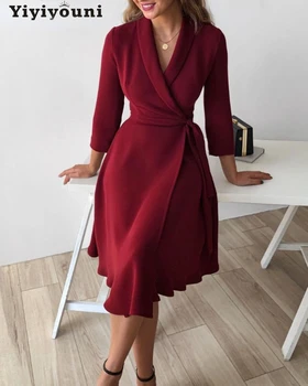 Yiyiyouni Kõrge Vöökoht Tiivad Joonega Kleit Naiste Kevad V-Kaelus Pikk Varrukas Sifonki Kleit Naiste Elegantne Punase Poole Vestidos Daamid  1