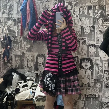 Roosa Triibuga Punk Lolita Tshirt Naiste Pastell Goth Kawaii Esteetiline Topp Cyber Y2k Emo Harajuku Haldjas Grunge Alt Riided  10