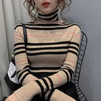 Naiste Riided Korea Segast Kudumise Pulloverid Rull-Sügis Moodne Triibuline Kõrge Kaelusega Õhuke Pikk Varrukas Kampsun Daamid Mood  5