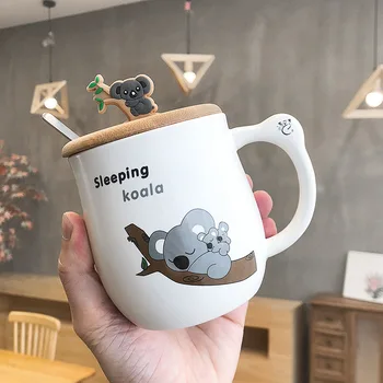 450ML cute cartoon koala keraamiline kruus loominguline loomade kohvi kruus lusikaga lusikas paar kruus puidust kaas piima hommikusöök cup  10