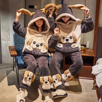 Talvel Paarid Pidžaama Komplekt Naised Mehed Paksenema Cartoon Koer Pijamas Komplekti Sleepwear Pehme Soe Pyjama Femme Korea Armastavad Pidžaama  5