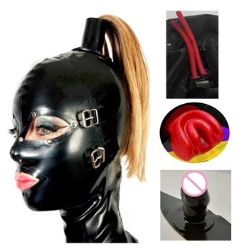 Lateks Kapuuts Kummist Mask, millel on Pikk Nina Toru Suhu Hammaste Gag Plug Juuksed Eemaldatav Silmad ja Suu Fetish Mask BDSM Tagasi Tõmblukk  2