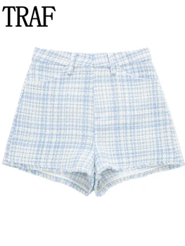 TRAF: lühikesed Sinised Püksid Naiste Kõrge Vöökoht Ruuduline Komplekti Püksid Ja Kärbitud Blazer korea Streetwear Sügisel Tekstuuriga lühikesed Püksid Naine  5